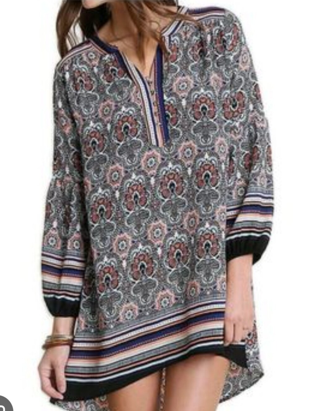 Umgee Black Navy Peach Print Baby Doll Tunic Dress Multicolor Stripes Sz Small